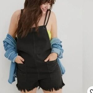 American Eagle Aerie Black Denim Double Strap Shortall Shorts Overalls Romper L